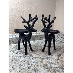 Pair of Black Metal Deer/Elk Candle Holder Stands Rustic 8.5 Inches Tall.